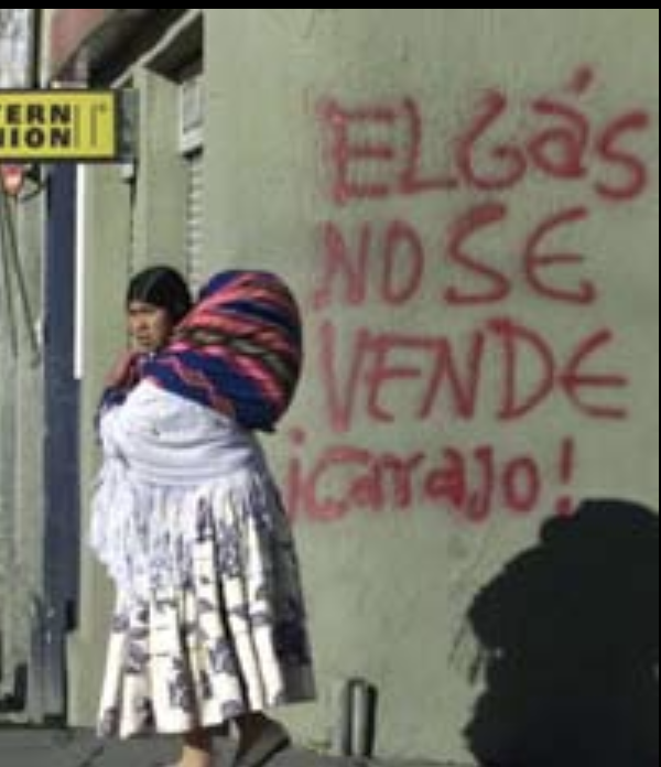 A woman, dressed in white with a large sack of made of purple cloth is walking past graffiti which translates as: Gas is not for sale, damnit!