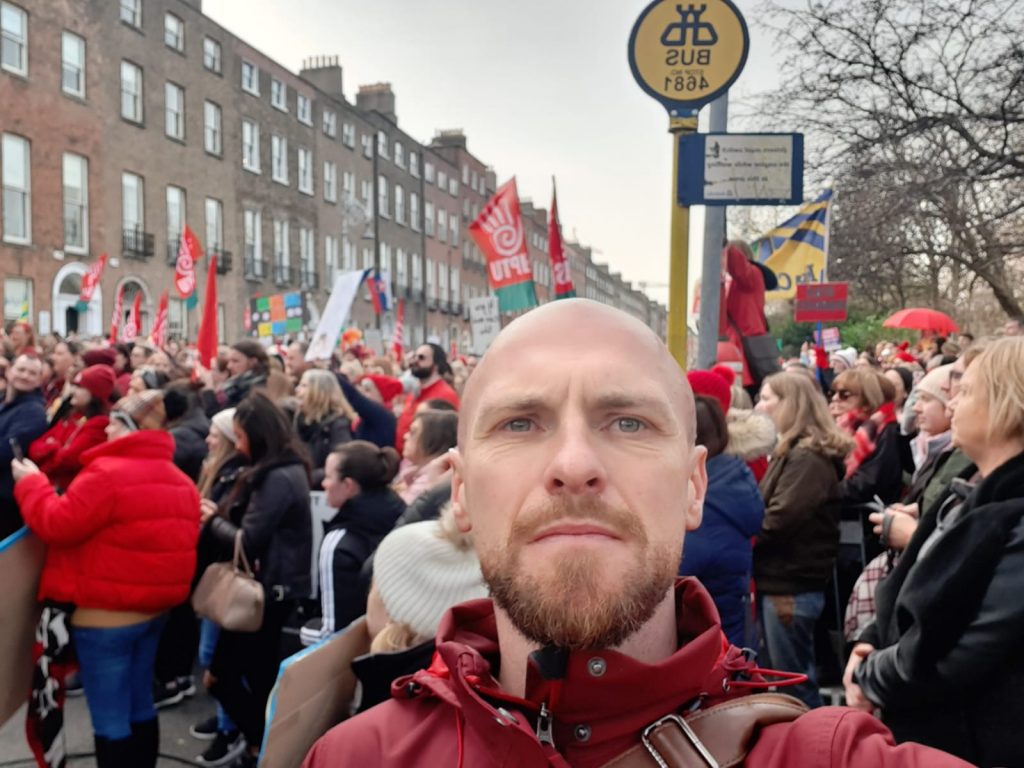 Councillor John Lyons supporting the huge childcare sector march of 5 February 2020