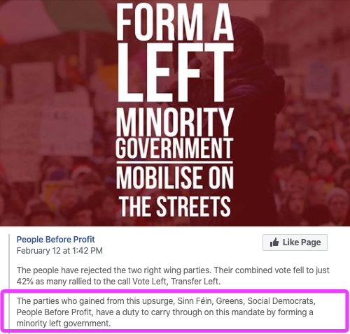A screenshot from 12 February 2020 from People Before Profit's Facebook feed, with the headline: Form a Left Minority Government - Mobilise on the Streets.