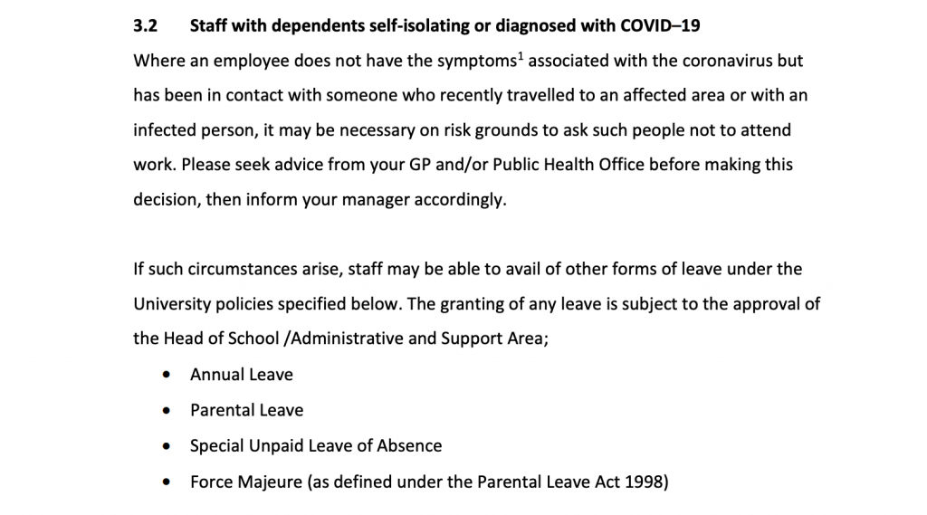 HR information to staff at Trinity College Dublin that does not encourage self-isolation and only increases the likelihood of the spread of COVID-19.