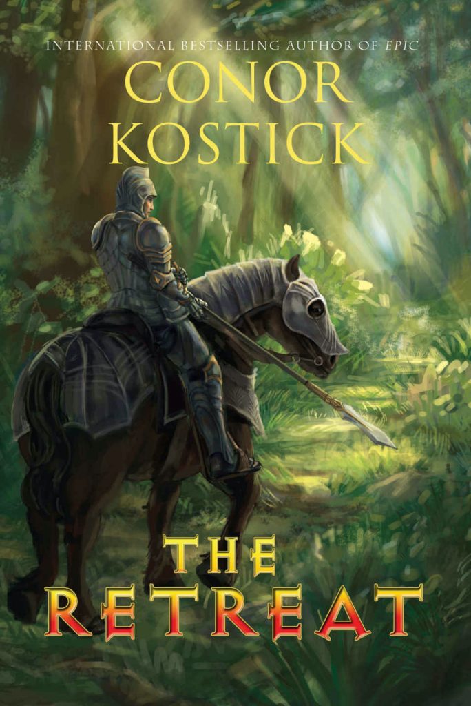 The cover of Conor Kostick's novel, The Retreat. A knight on horseback rides through a mysterious dark green forest. He seems despondent, to judge from the lowered lance.