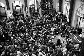 Amsterdam Protest 2015, students listening to David Graeber's politics.