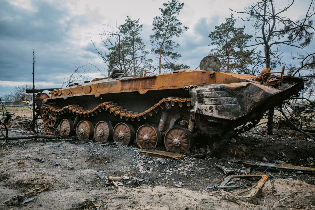 KYIV REGION, UKRAINE 05.04.2022 Russian BMP-2 burned by Ukrainian army